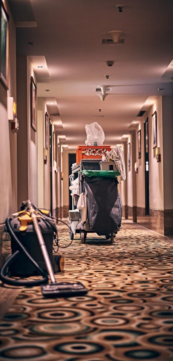 HSB cleaning trolley in a carpeted corridor